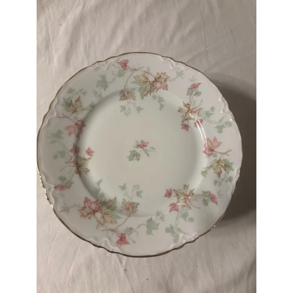 Hutschenreuther Selb Bavaria Salad Plates Set of 12 Pink Green Leaf Gold Trim EX